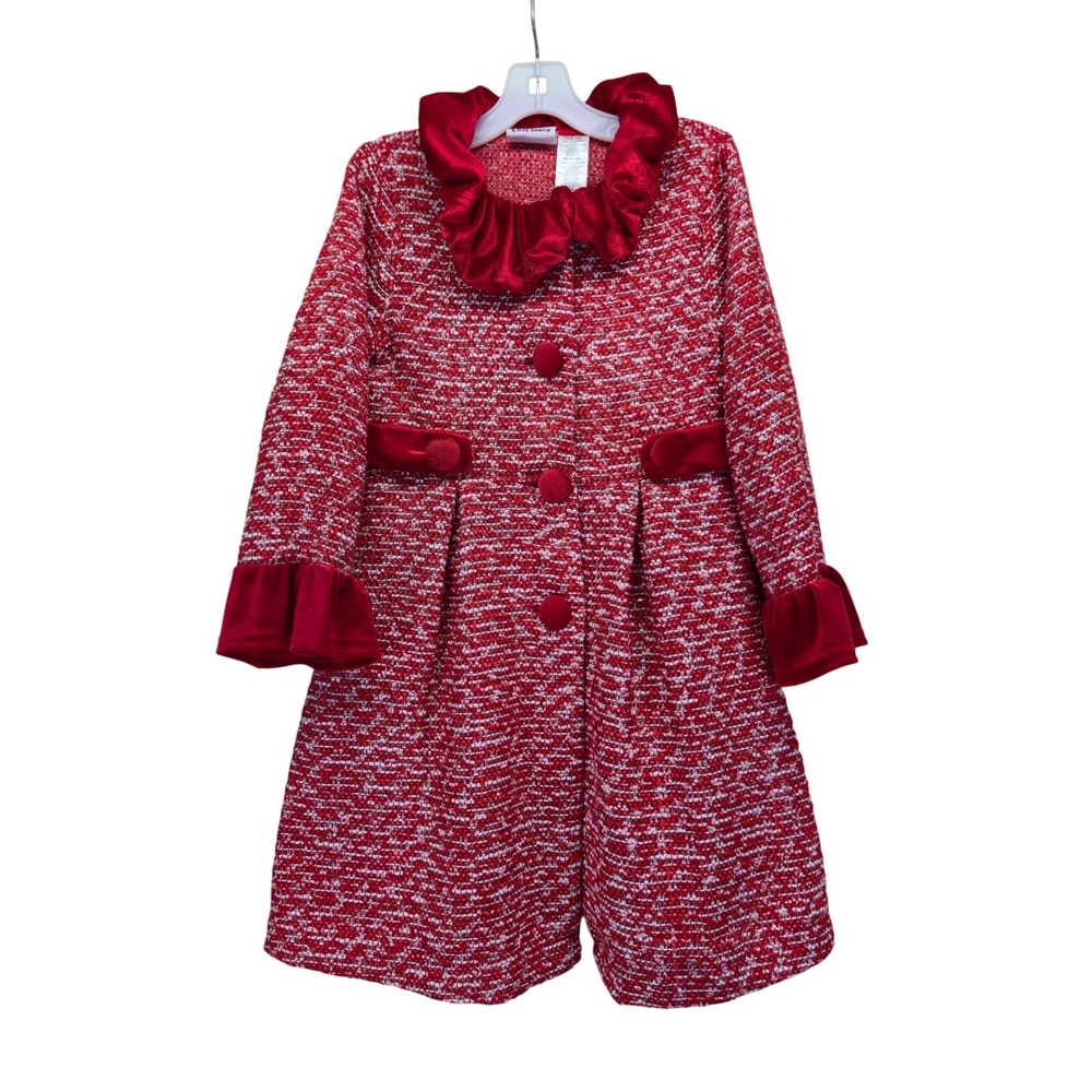 Blueberry Blvd Girls Red‎ Tweed Velvet Trim Ruffle Collar Coat Size 6 6X Kidcore